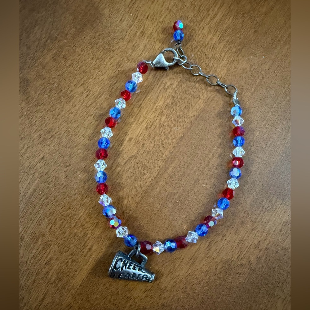 Cheerleader Charm Bracelet with Red and Blue Beads and 925 Sterling Silver clasp